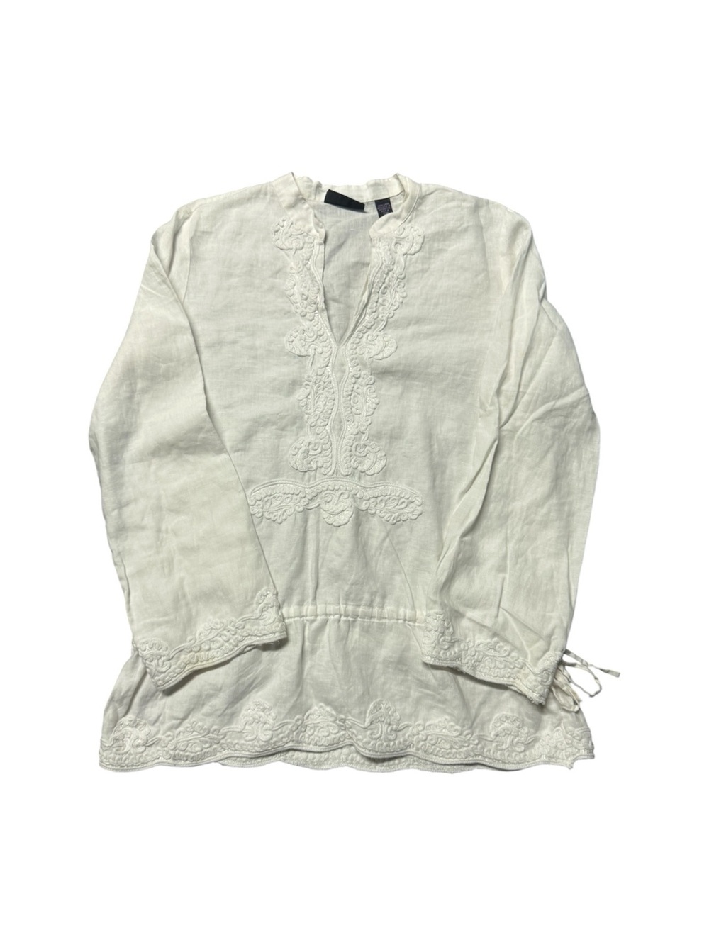 Context 100% Linen Embroidered Tunic Blouse Women’s Size 10 Ivory Boho Peasant